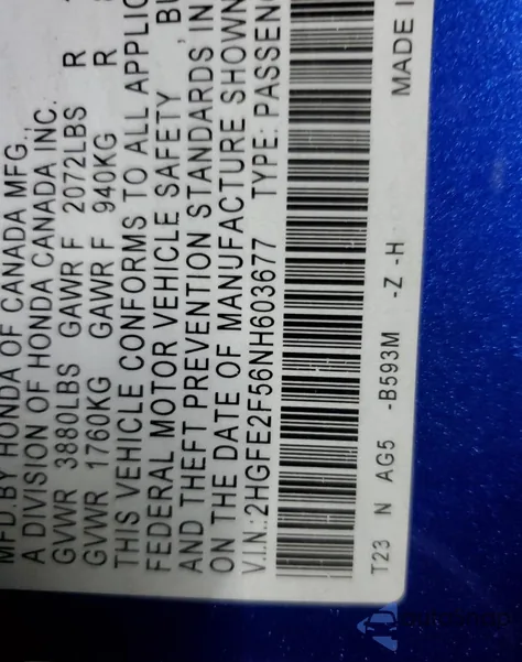 2022 Honda Civic Sport from USA, damaged, VIN 2HGFE2F56NH603677